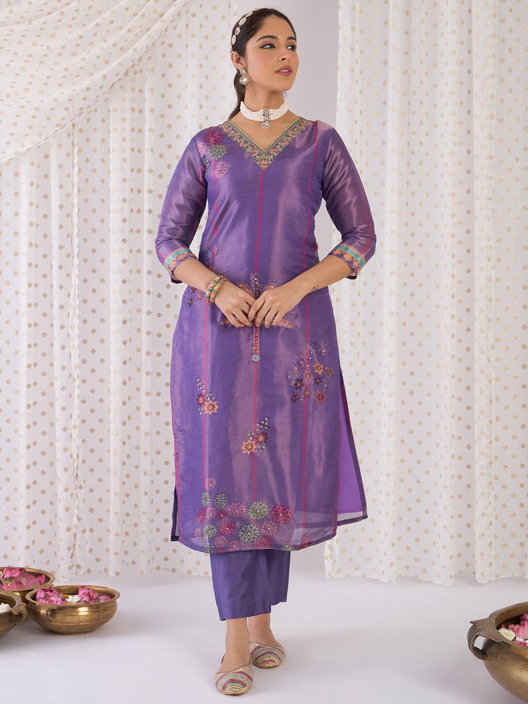 Dhiyona IE Floral Printed V-Neck Zari Straight Kurta With Trouser And Dupatta