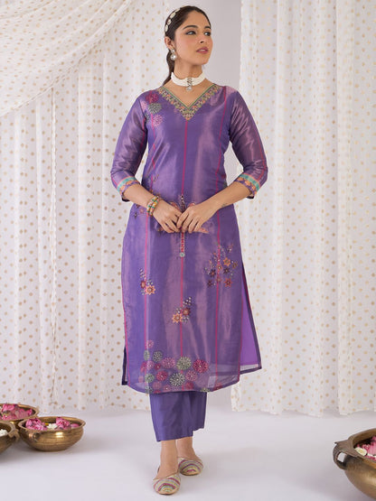 Dhiyona IE Floral Printed V-Neck Zari Straight Kurta With Trouser And Dupatta