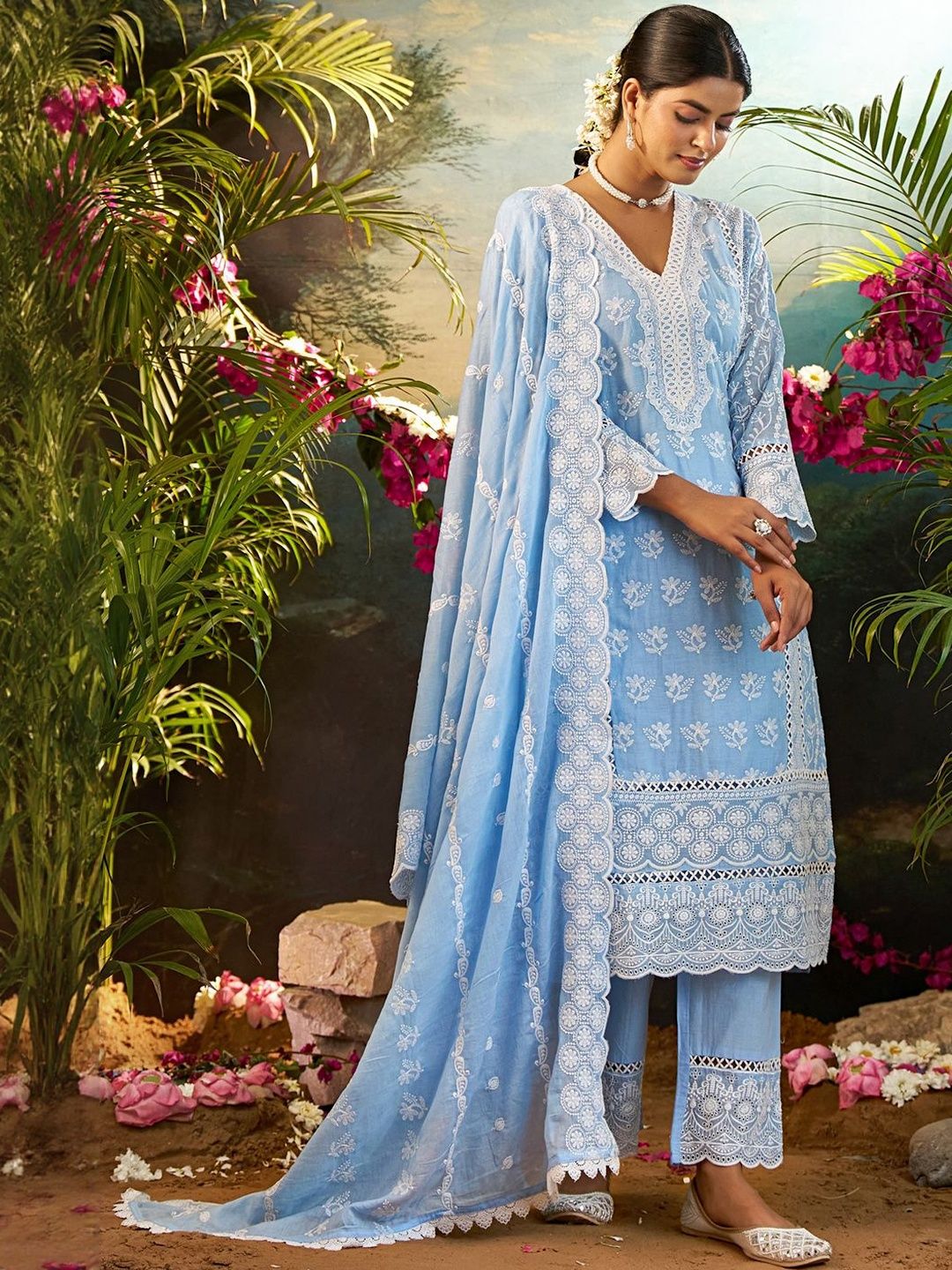 Women Ethnic Motifs Embroidered Chikankari Kurta with Trousers & Dupatta