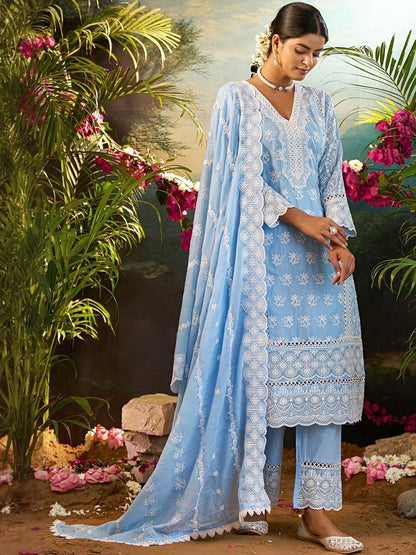 Women Ethnic Motifs Embroidered Chikankari Kurta with Trousers & Dupatta