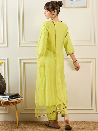 Dhiyona IE Geometric Embroidered Thread Work Liva Straight Kurta With Trousers & Dupatta