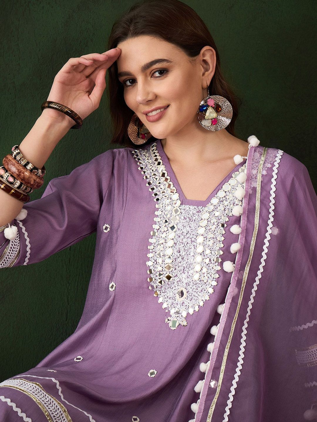 Dhiyona SN Women's Purple Floral Embroidered Mirror Work A-Line Kurta With Trousers & Dupatta