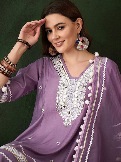Dhiyona SN Women's Purple Floral Embroidered Mirror Work A-Line Kurta With Trousers & Dupatta