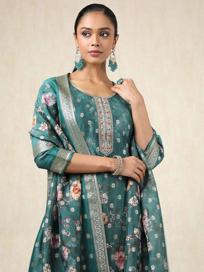 Dhiyona SO Women's Floral Brocade Woven Design Art Silk Straight Kurta With Trousers & Dupatta