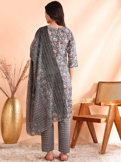 Dhiyona OD  Thread Work Pure Cotton Straight Kurta with Trousers & Dupatta