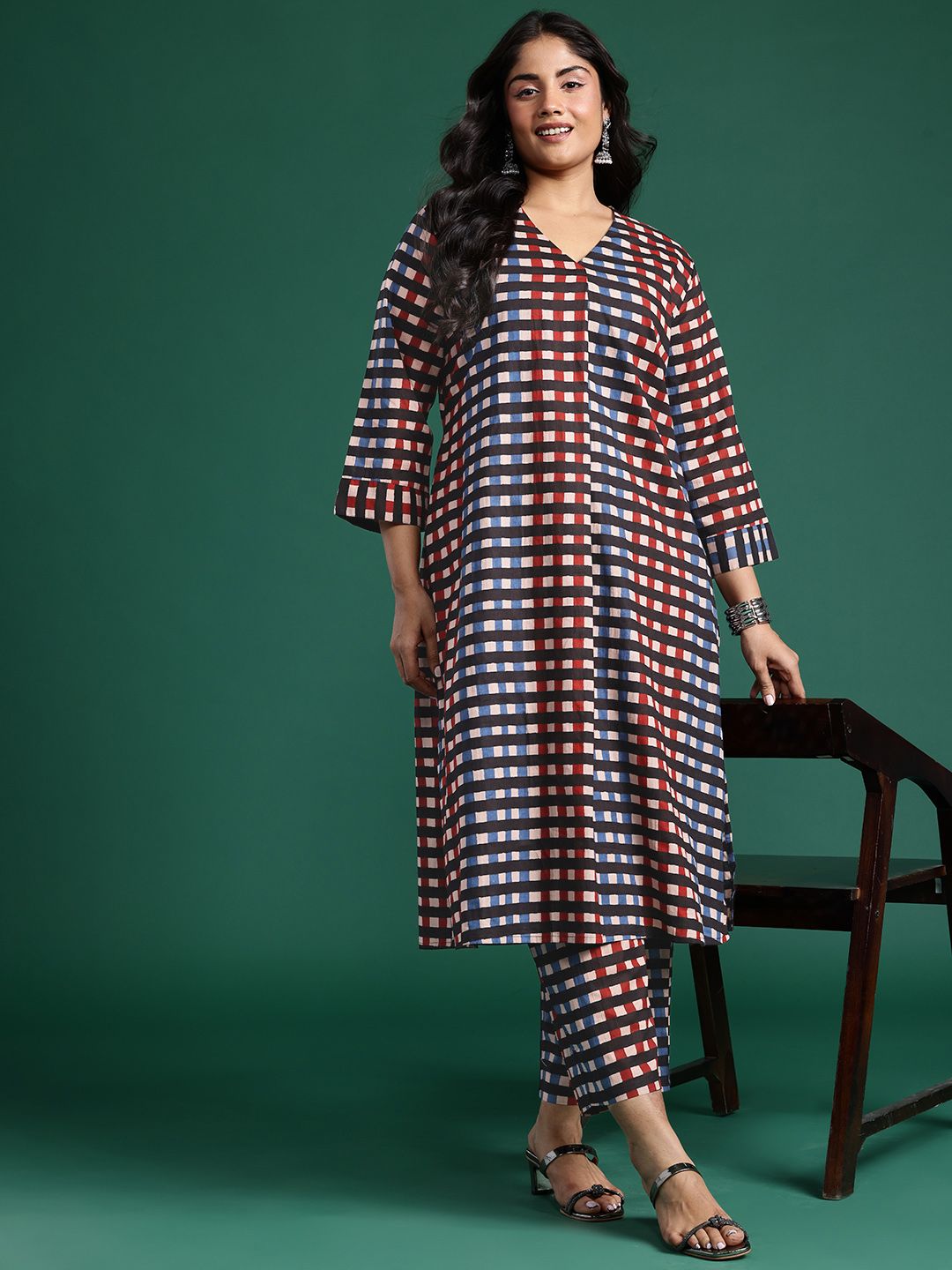 Dhiyona IE Pleated Checked Cotton Kurta with Palazzos
