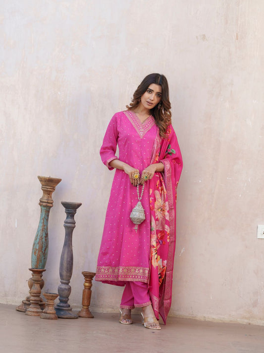 Dhiyona PD Women Bandhani Printed V-Neck Panelled Anarkali Kurta With Trouser & Dupatta