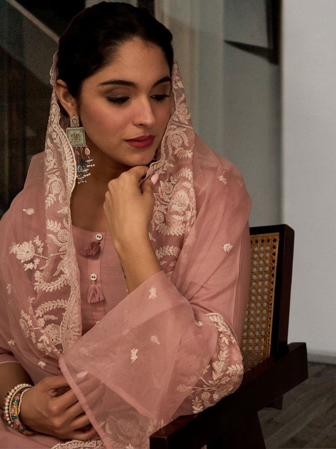 Women Ethnic Motifs Regular Thread Work Pure Cotton Kurta with Trousers & With Dupatta