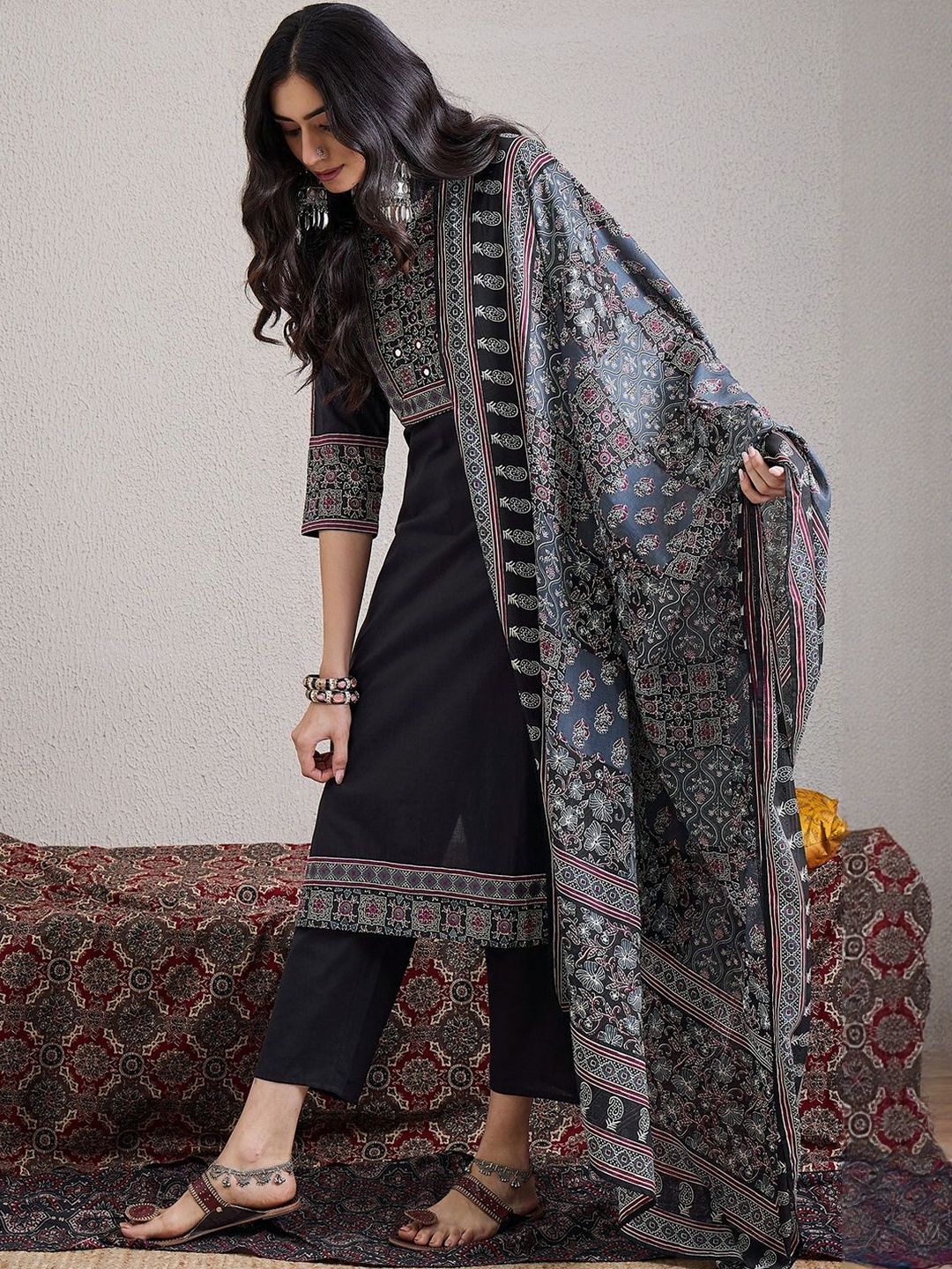 Ethnic Motifs Embroidered Mirror Work Pure Cotton Kurta With Trousers & Dupatta