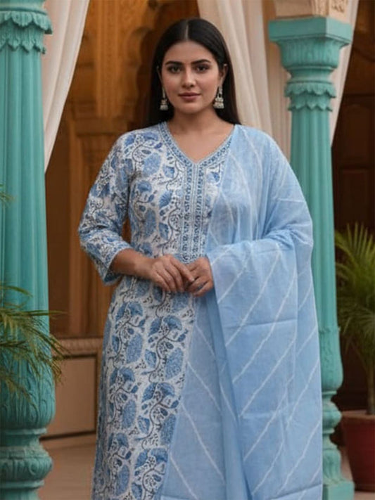 Floral Printed V-Neck Pure Cotton Kurta With Trousers & Dupatta