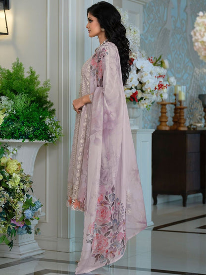 Floral Embroidered Thread Work Organza A-Line Kurta & Trousers With Dupatta