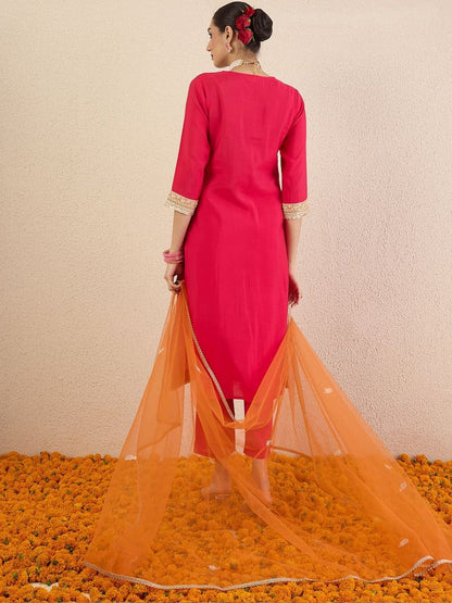 Women Ethnic Motifs Embroidered Regular Kurta with Trousers & With Dupatta