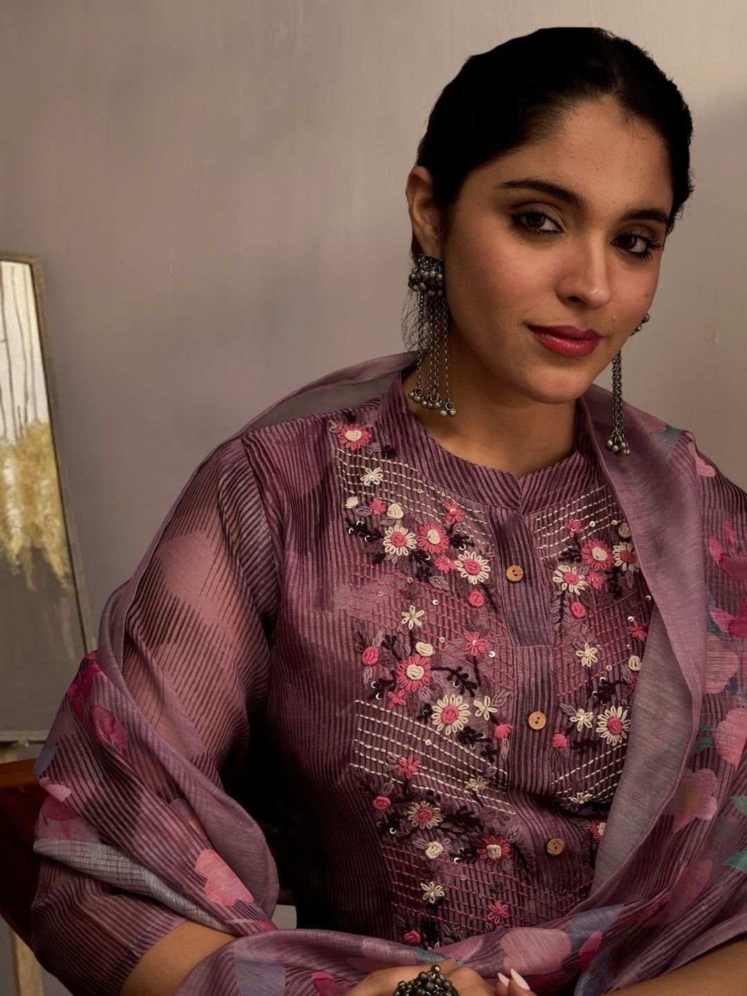 Women Ethnic Motifs Embroidered Regular Thread Work Chanderi Cotton Kurta with Trousers & With