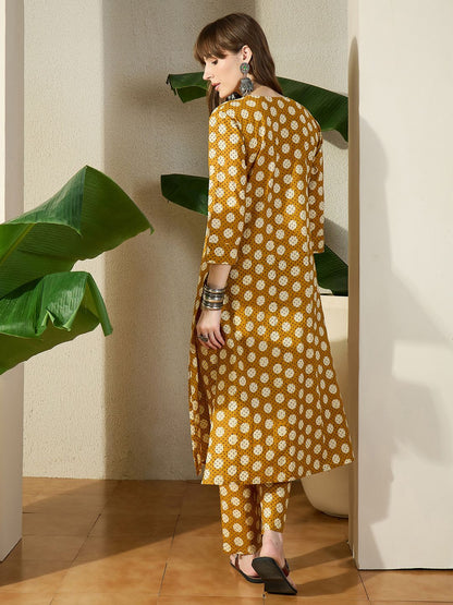 Women Mustard Printed Regular V-Neck Pure Cotton Kurta Sets