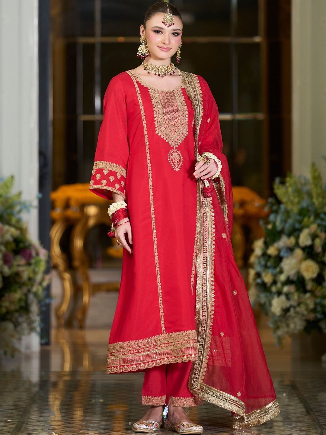 Women Ethnic Motifs Embroidered A-Line Kurta with Trousers & Dupatta