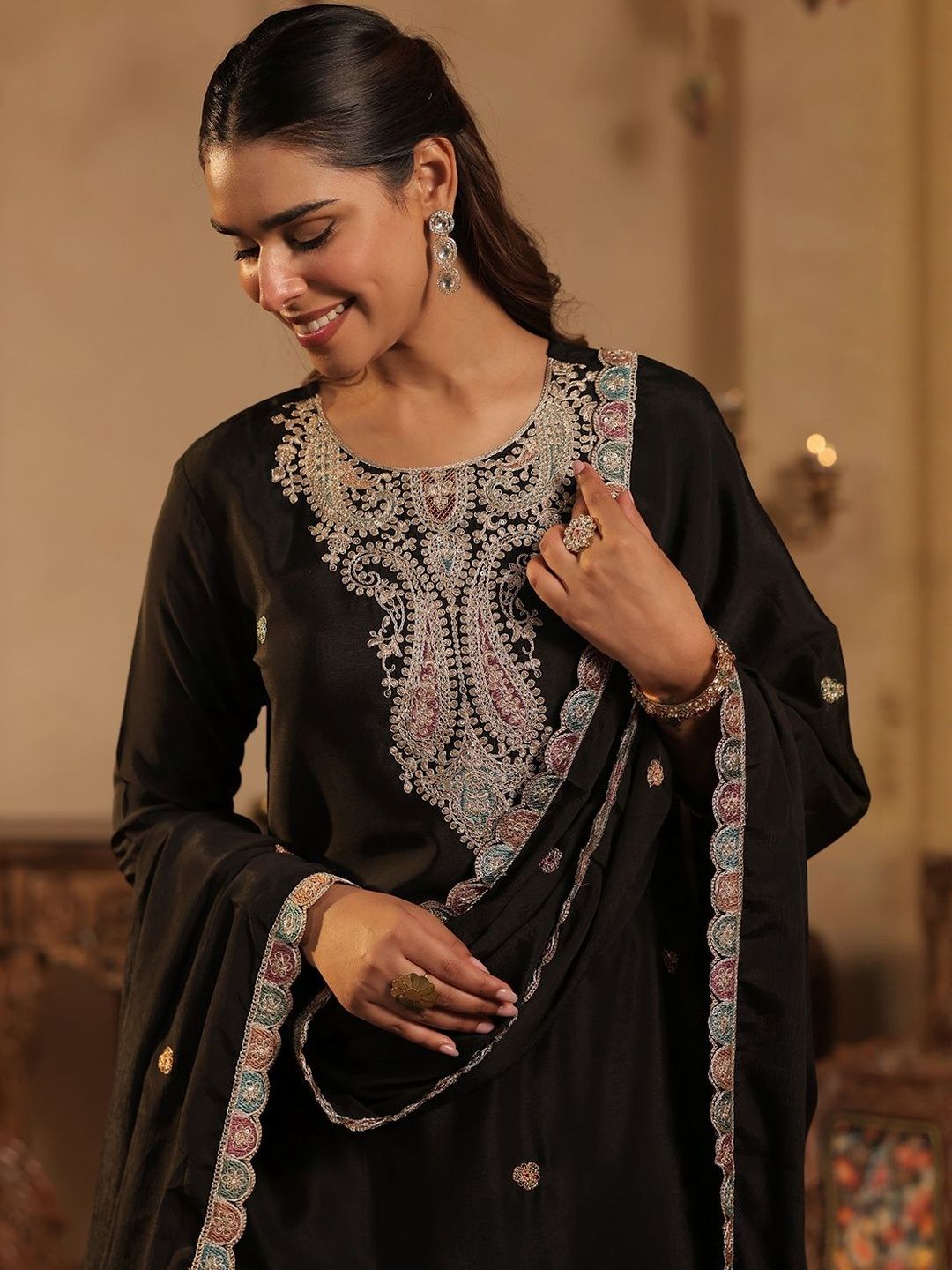 Dhiyona IE Ethnic Motifs Embroidered Thread Work Kurta With Sharara & Dupatta