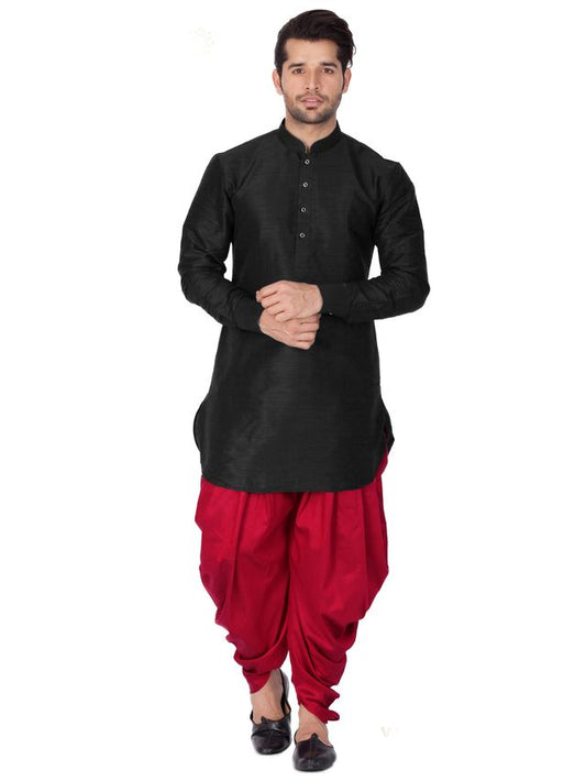 Men's Black Silk Blend Pathani Kurta and Dhoti Set