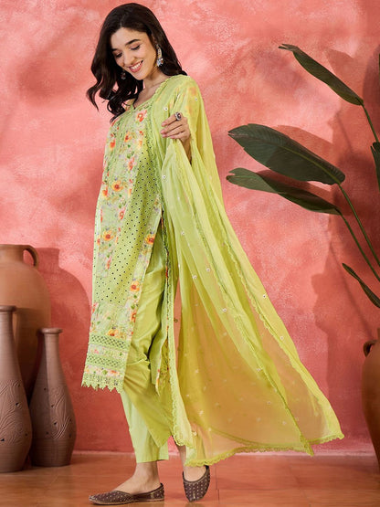 Dhiyona SN Women's Floral Printed Pure Cotton Sweetheart Neck Straight Kurta With Trousers & Dupatta