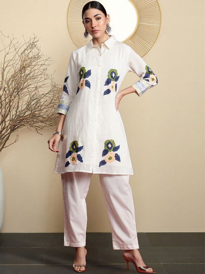 Women Floral Embroidered Regular Thread Work Pure Cotton Kurta with Trousers