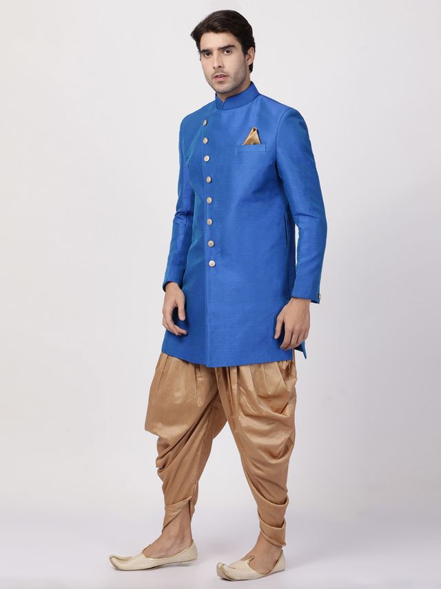 Men's Blue Silk Blend Straight Sherwani Set