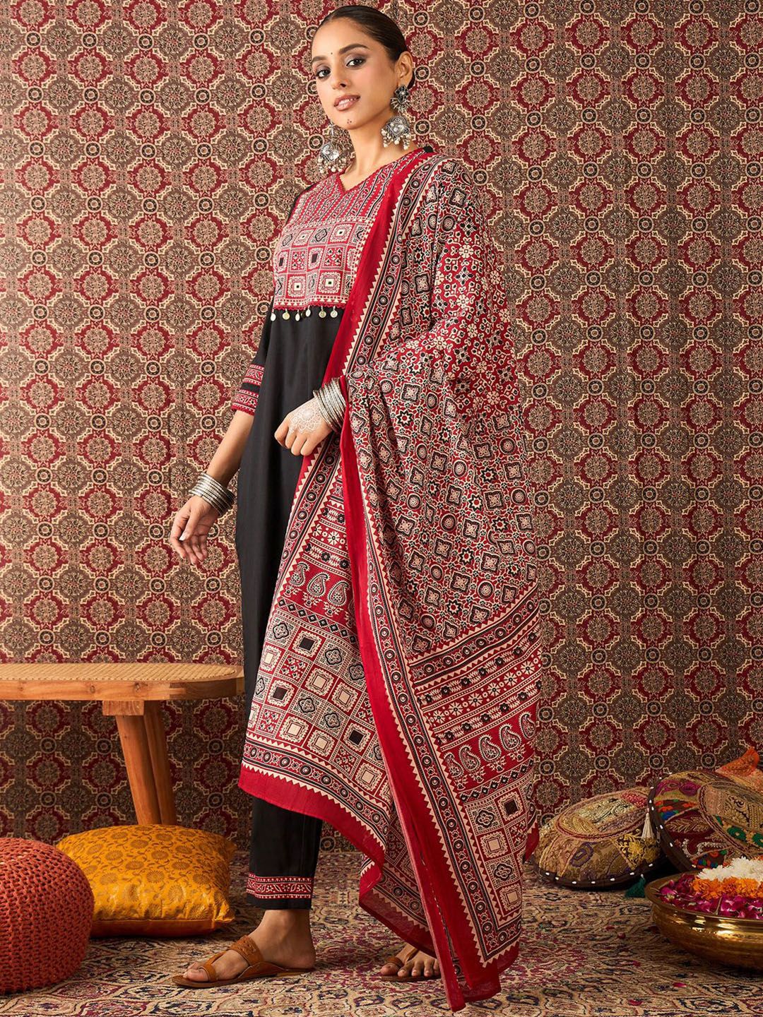 Women Ethnic Motifs Black Printed Pure Cotton Kurta with Trousers & Dupatta