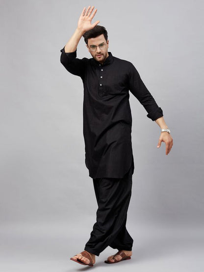Men's Black Cotton Linen Pathani Pathani Kurta Set