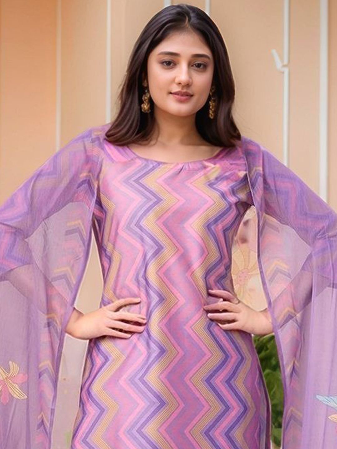 Dhiyona KL Women Striped Printed Regular Kurta with Trousers & With Dupatta