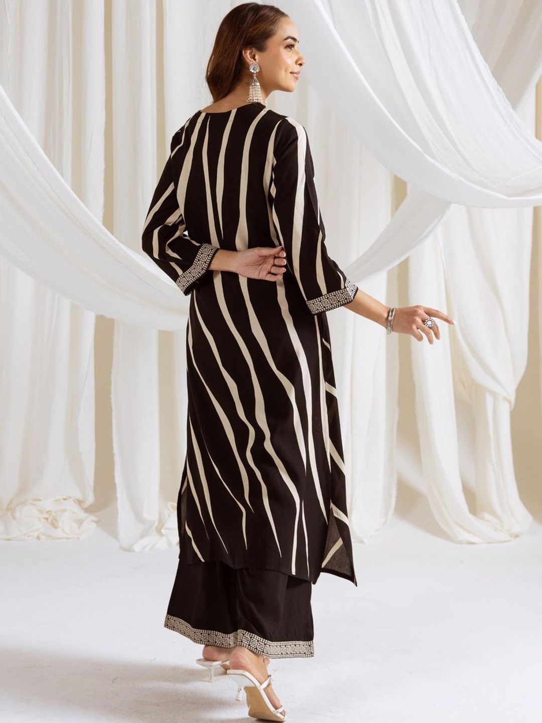 Women Striped Printed Beads and Stones Kurta with Palazzos