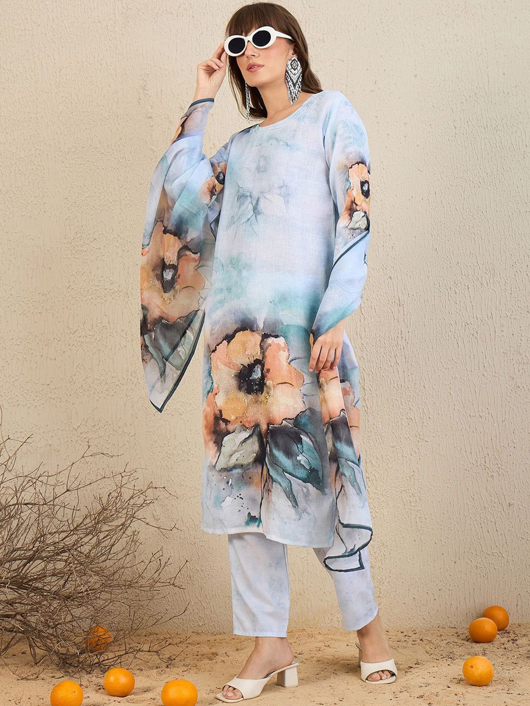 Dhiyona IE Floral Printed Beads And Stones Straight Kurta With Trousers & Dupatta