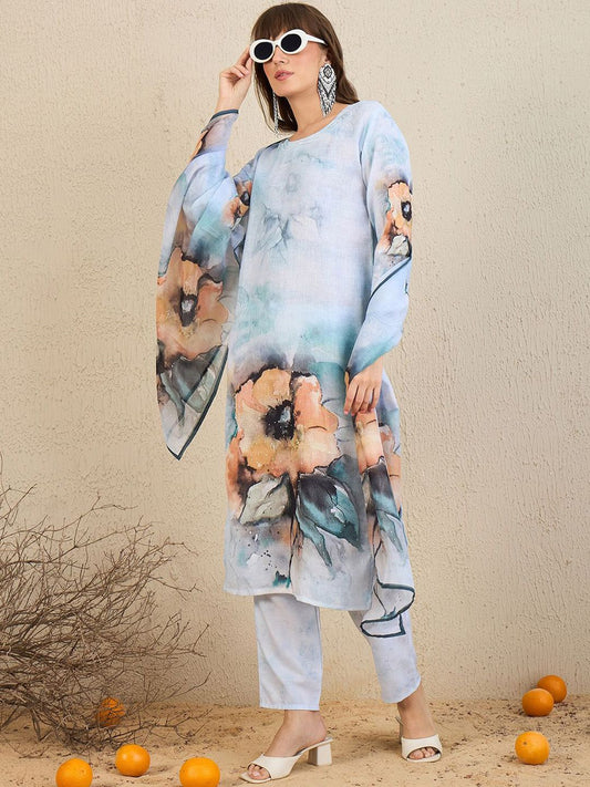 Dhiyona IE Floral Printed Beads And Stones Straight Kurta With Trousers & Dupatta