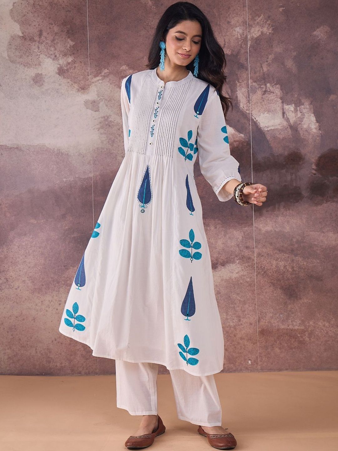 Ethnic Motifs Printed Band Collar Thread Work Pure Cotton Kurta With Trousers