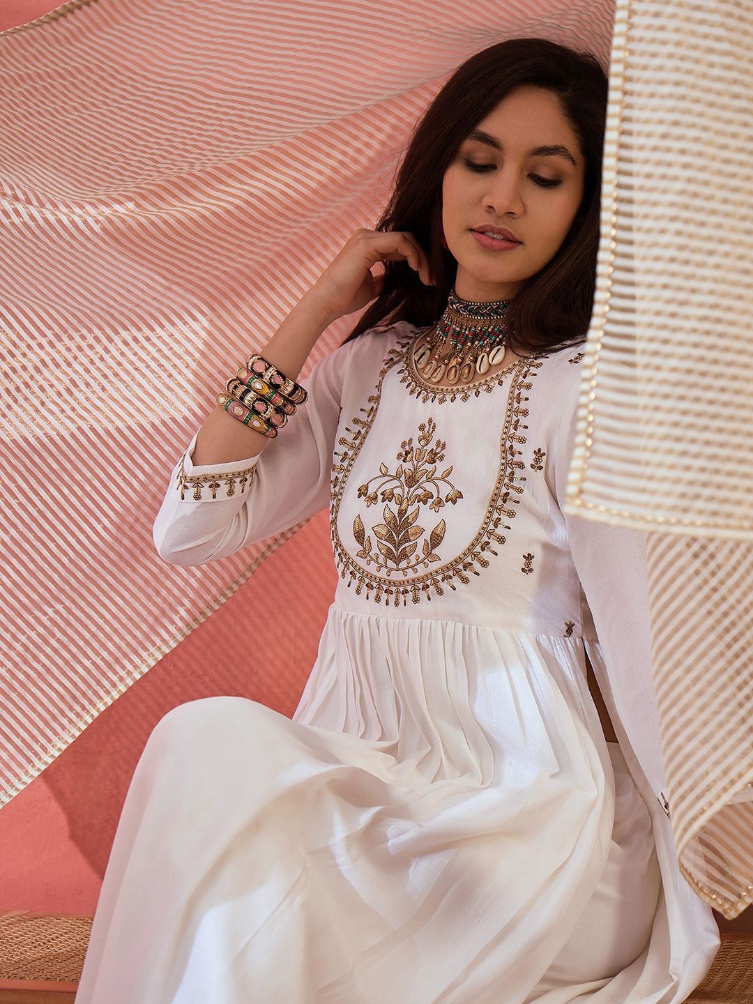 Dhiyona SN Women's White Floral Embroidered Silk Blend A-Line Kurta With Trousers And Dupatta
