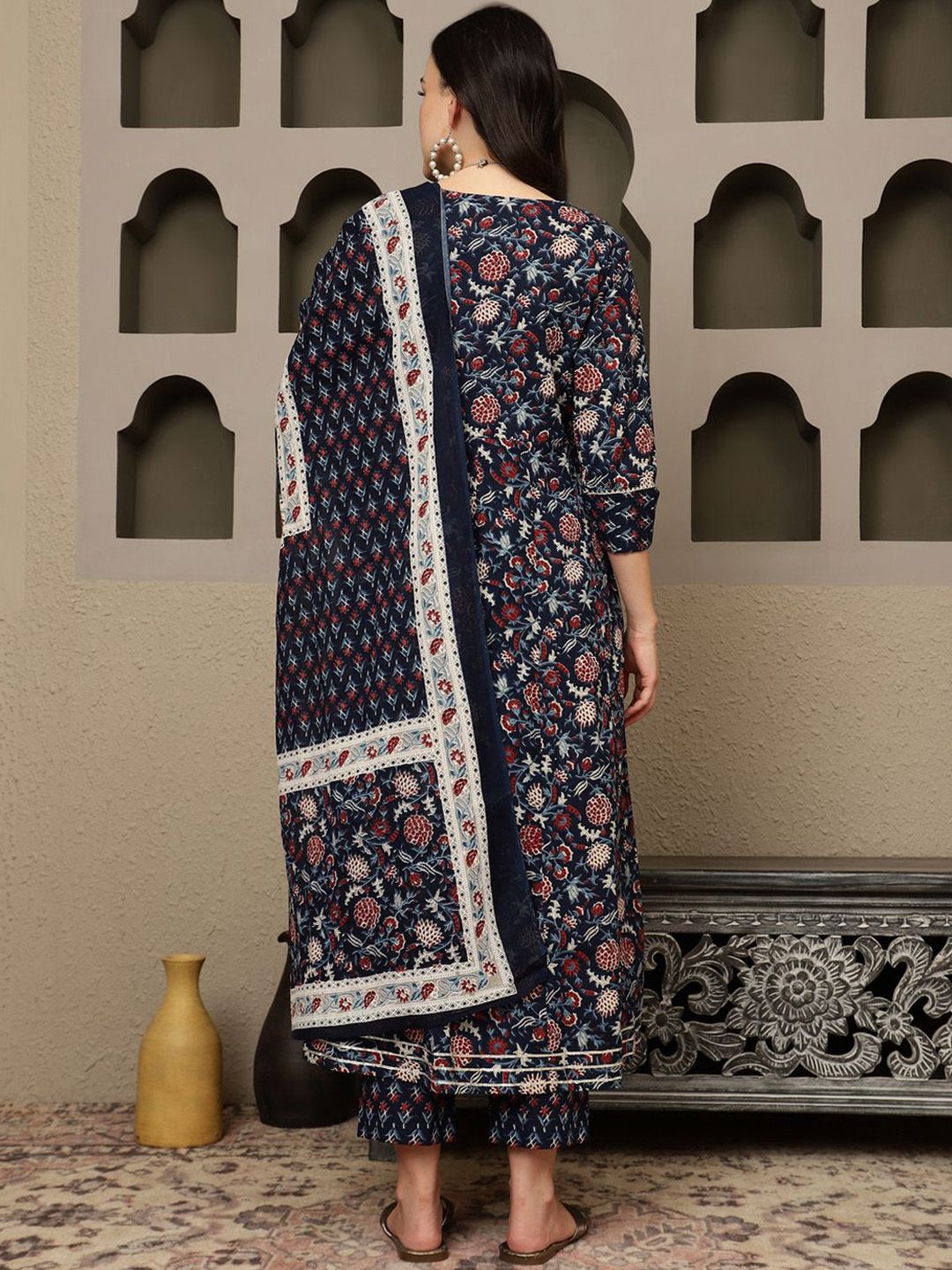 Dhiyona SN Women's Navy Blue Floral Printed Pure Cotton Anarkali Kurta With Trousers & Dupatta