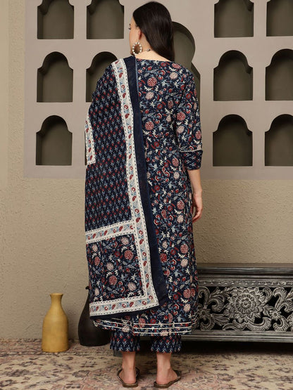 Dhiyona SN Women's Navy Blue Floral Printed Pure Cotton Anarkali Kurta With Trousers & Dupatta