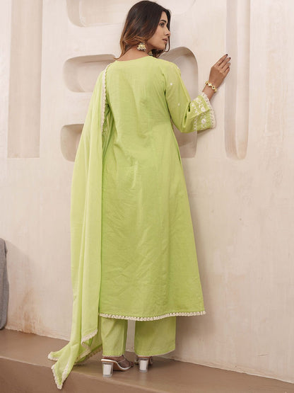 Dhiyona PD Women Floral Embroidered Pure Cotton Kurta & Trousers With Dupatta