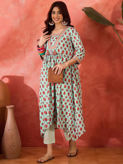 Dhiyona SN Women's Ethnic Motifs Printed Cotton Kurta with Trousers