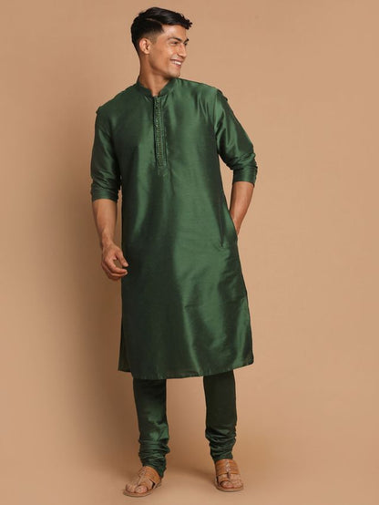 Men's Green Cotton Blend Straight Kurta