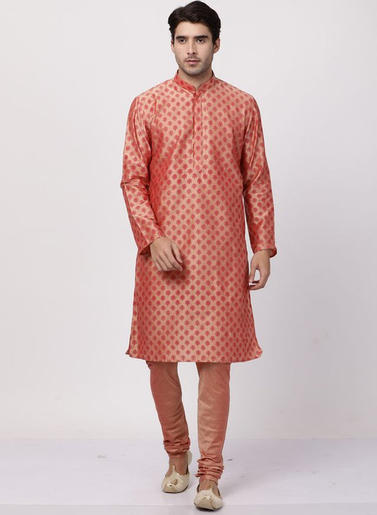 Men's Pink Cotton Blend Straight Kurta Pyjama Set
