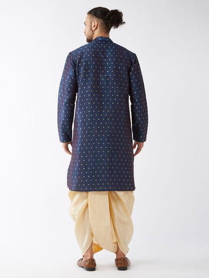 Men's Blue Silk Blend Straight Kurta and Dhoti Set