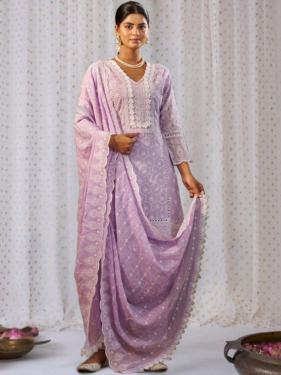 Dhiyona IE Women Ethnic Motifs Embroidered Regular Chikankari Pure Cotton Kurta with Trousers & With Dupatta
