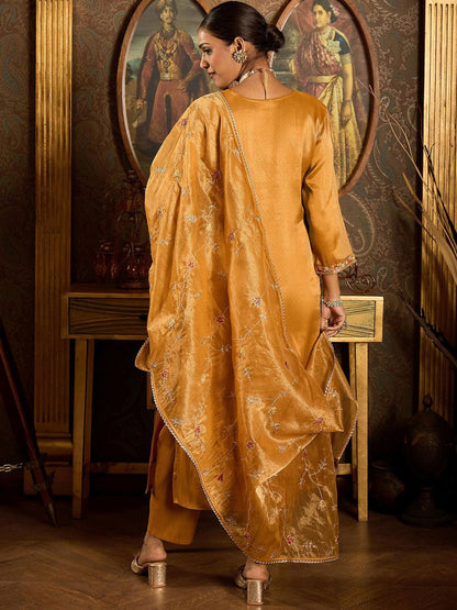 Dhiyona IE Floral Embroidered Thread Work Liva Straight Kurta with Trouser & Dupatta