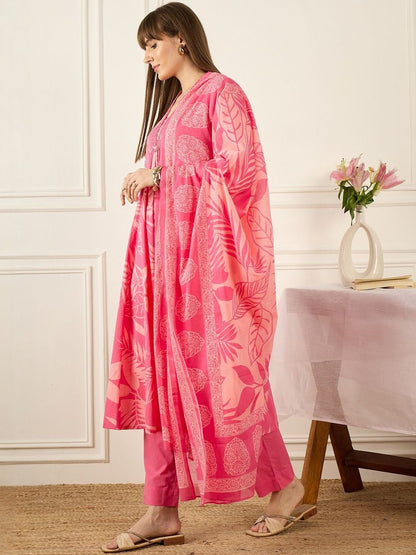 Floral Printed Thread Work Pure Cotton Kurta With Palazzos & Dupatta