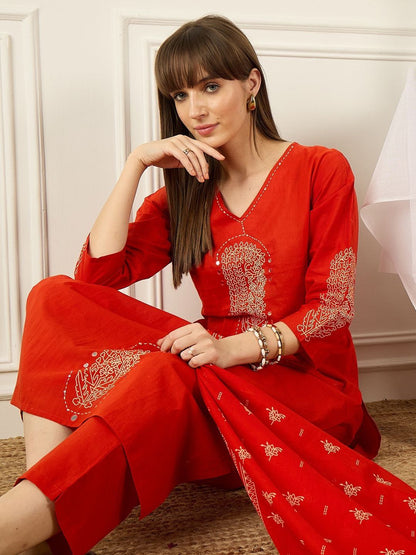 Women Ethnic Motifs Embroidered Regular Mirror Work Pure Cotton Kurta with Trousers & With Dupatta