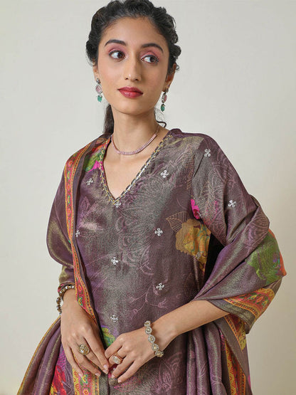 Dhiyona SO Women's Floral Printed V Neck Sequinned Tissue A Line Kurti with Palazzos & Dupatta
