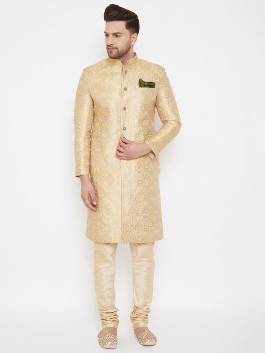 Men's Gold Silk Blend Straight Sherwani Set
