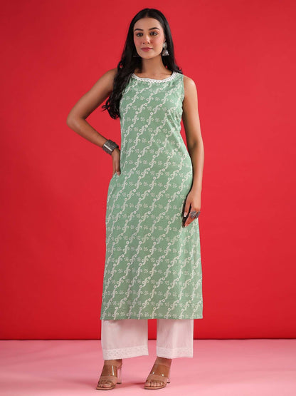 Dhiyona IE Ethnic Motifs Embroidered Sleeveless Cotton Kurta