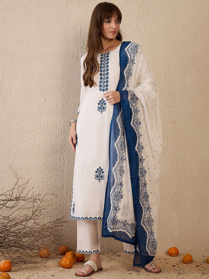 Women Floral Embroidered Regular Thread Work Pure Cotton Kurta with Trousers & With Dupatta