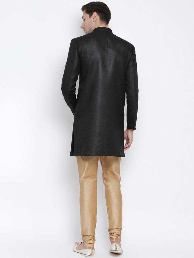 Men's Black Polyester Lurex Blend Straight Sherwani Set