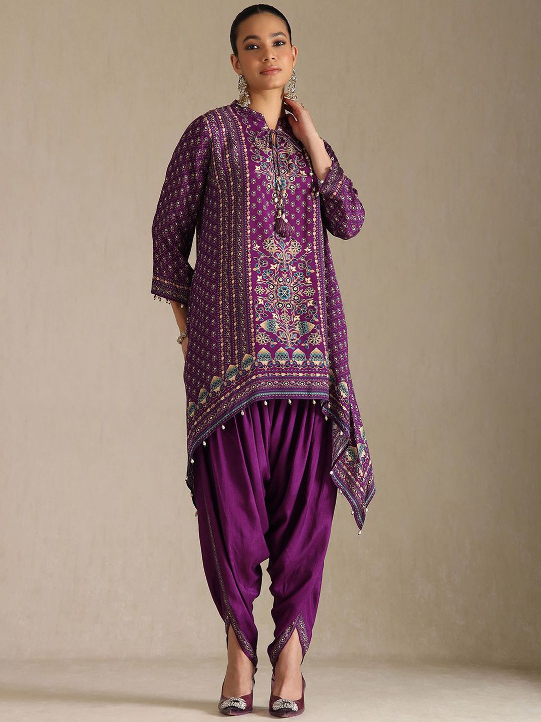 Dhiyona SO Women's Floral Printed Mandarin Collar A-Line Kurta With Tulip Pants