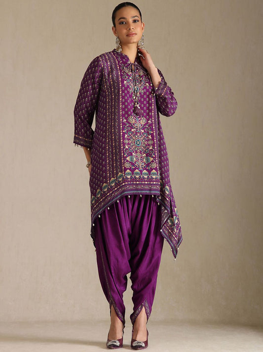 Dhiyona SO Women's Floral Printed Mandarin Collar A-Line Kurta With Tulip Pants